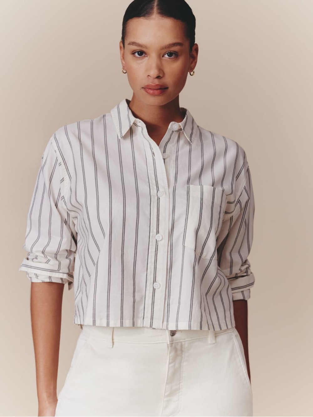 Everlane Way Short Buttondown Silky Cotton Black Bone Stripe M EUC